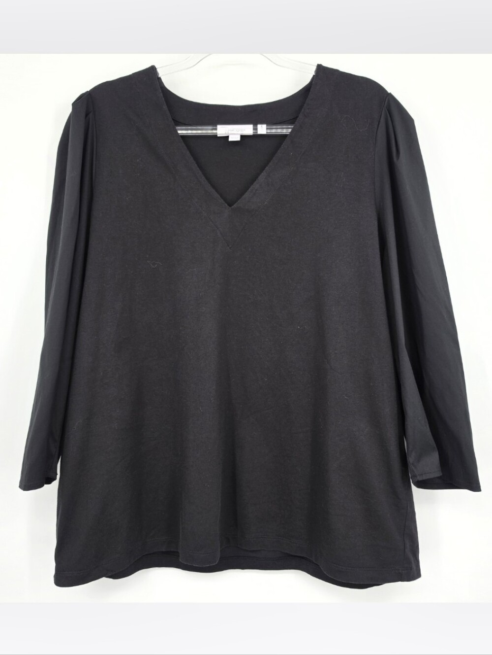 Chicos 3 Black V Neck Top XL Mixed Media Puff 3/4 Sleeve